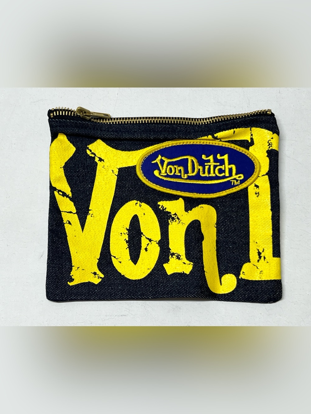 Von Dutch Y2K Denim Logo Zip Pouch Clutch Cosmetic Makeup Bag Blue Yellow